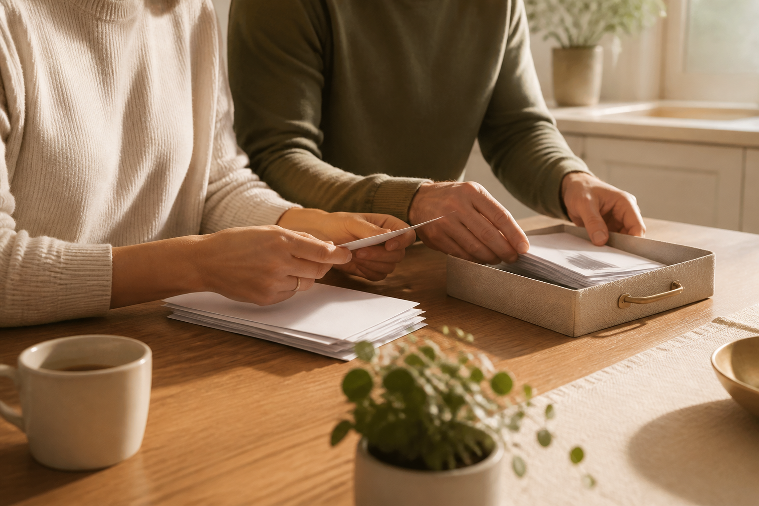 Two people calmly organizing household mail together